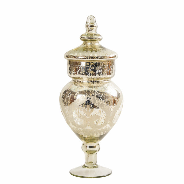 Sparkle Mercury Glass Trophy Jar with Lid, A tall mercury glass trophy-shaped jar with a mottled antique silver finish, its domed lid topped with a pointed finial, shown against a white background.