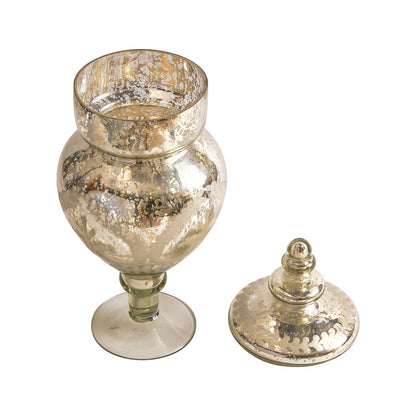 Sparkle Mercury Glass Trophy Jar with Lid, A tall mercury glass trophy-shaped jar with a mottled antique silver finish, its domed lid topped with a pointed finial, shown against a white background.
