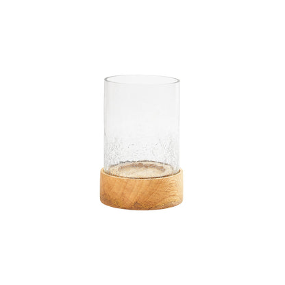 Radiance Mini Glass Candle Holder, A clear glass cylinder candle holder on a round natural wood base, shown empty against a white background.