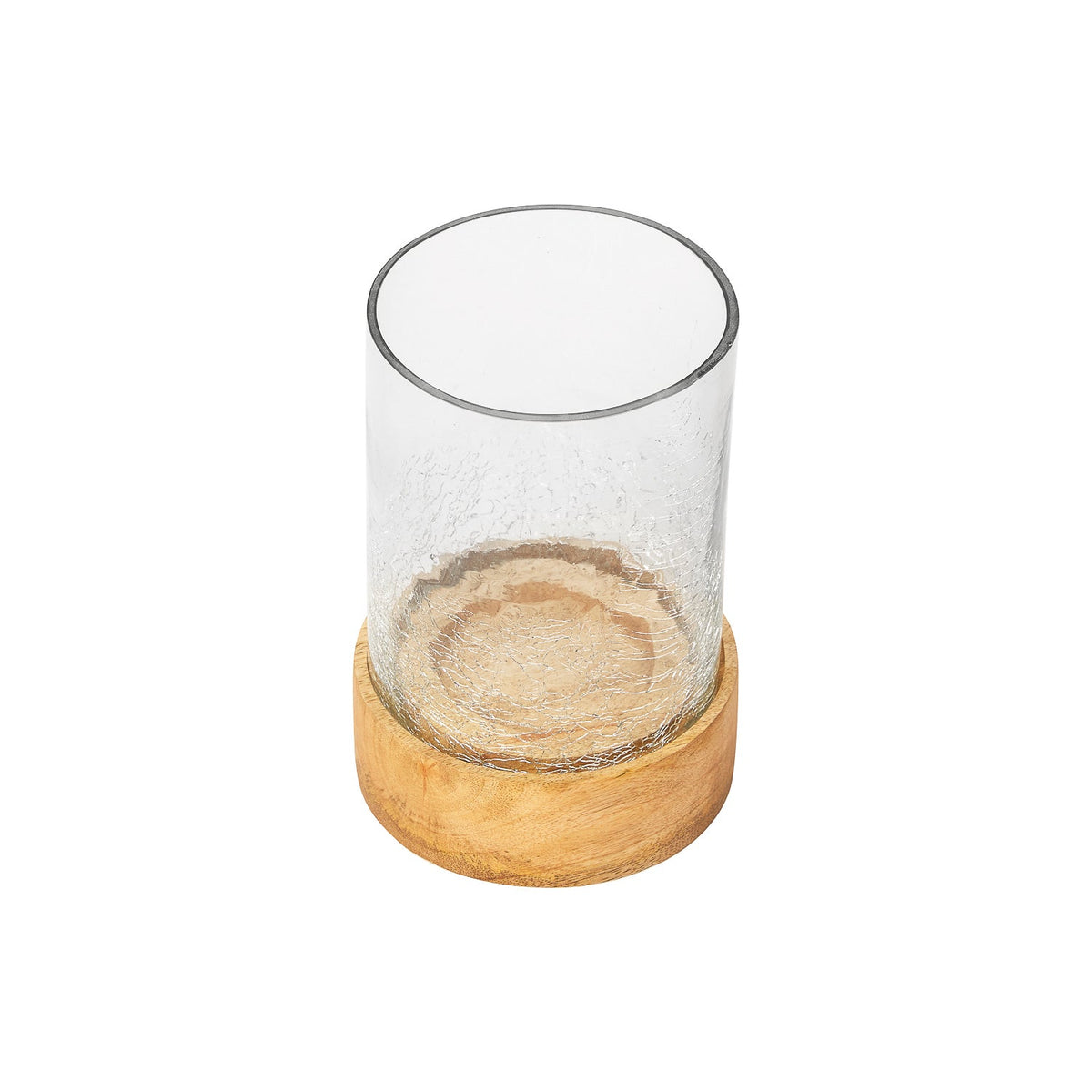 Radiance Mini Glass Candle Holder, A clear glass cylinder candle holder on a round natural wood base, shown empty against a white background.