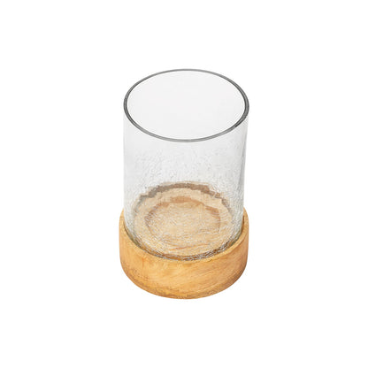 Radiance Mini Glass Candle Holder, A clear glass cylinder candle holder on a round natural wood base, shown empty against a white background.