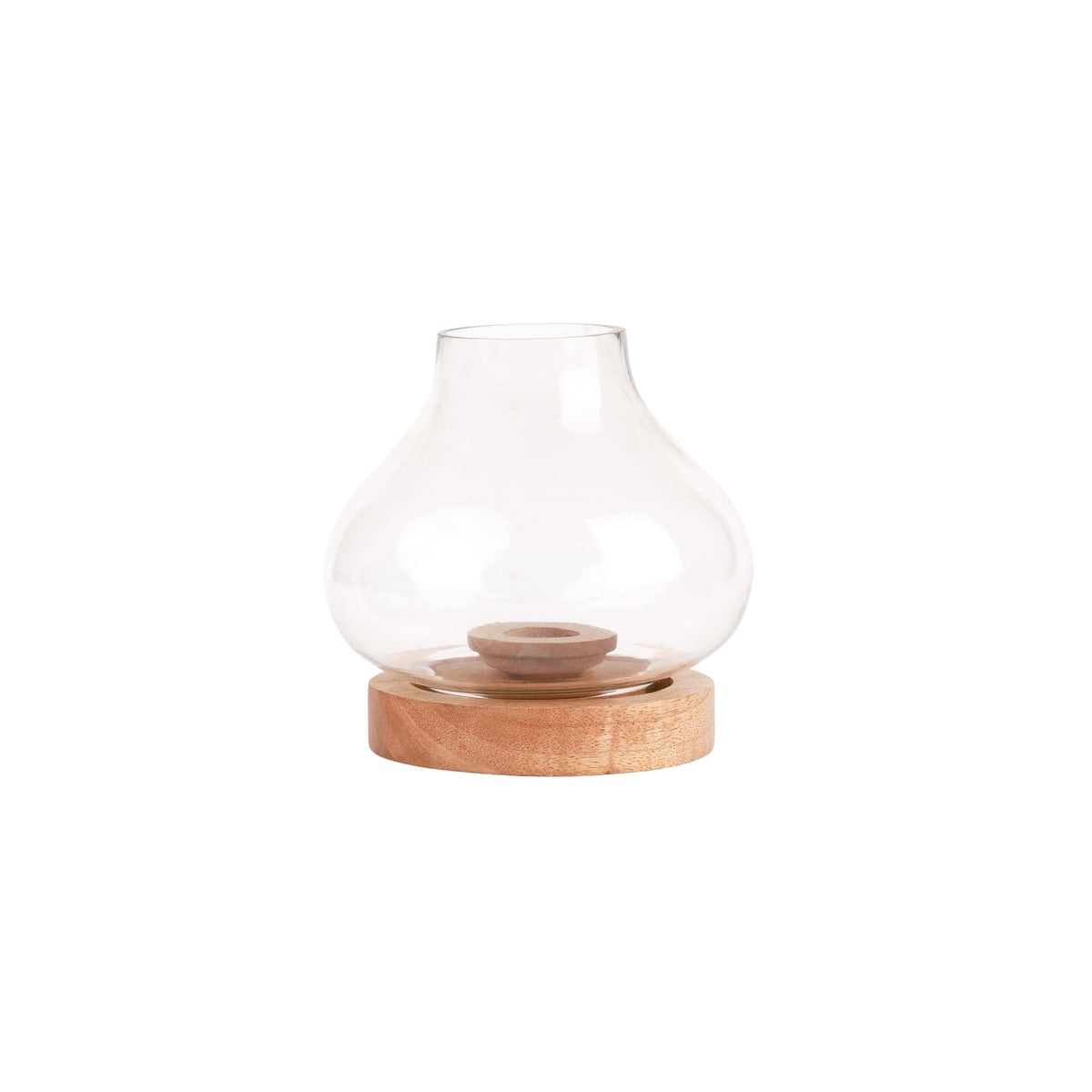 Grove Glass Pot Candle Holder, A clear glass pot-shaped candle holder with a narrow opening, on a round wood base, shown empty against a white background.