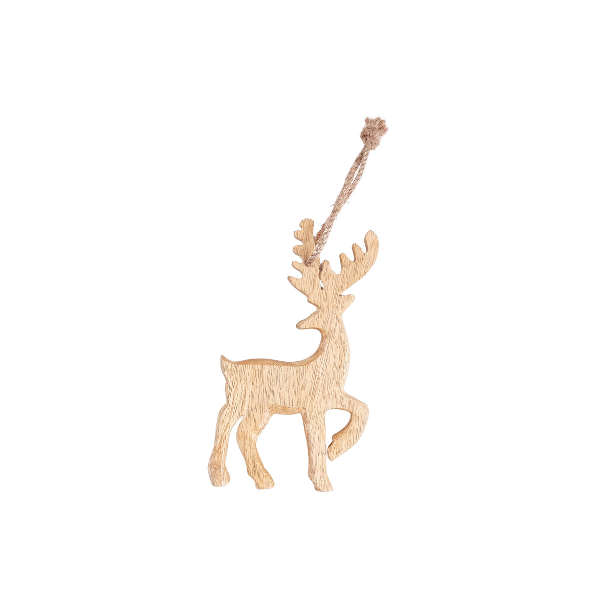 Norma Wooden Reindeer Ornament, A flat natural wood reindeer cutout ornament with a jute hanging loop, shown against a plain white background.