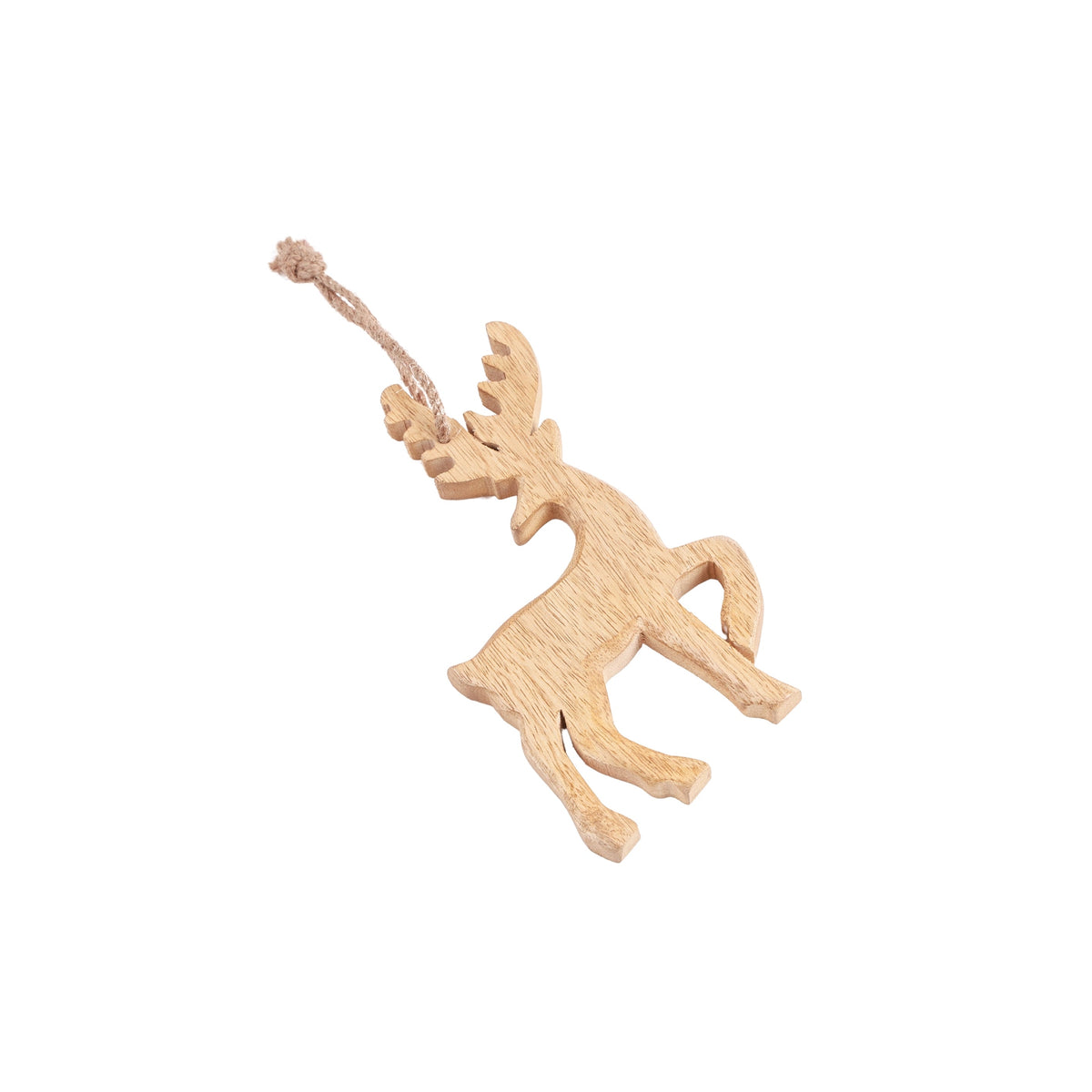 Norma Wooden Reindeer Ornament, A flat natural wood reindeer cutout ornament with a jute hanging loop, shown against a plain white background.