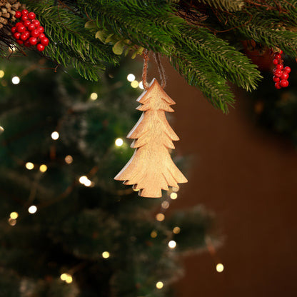 Norma Wooden Tree Ornament, A flat natural wood Christmas tree cutout ornament with a jute hanging loop, shown straight on against a plain white background.
