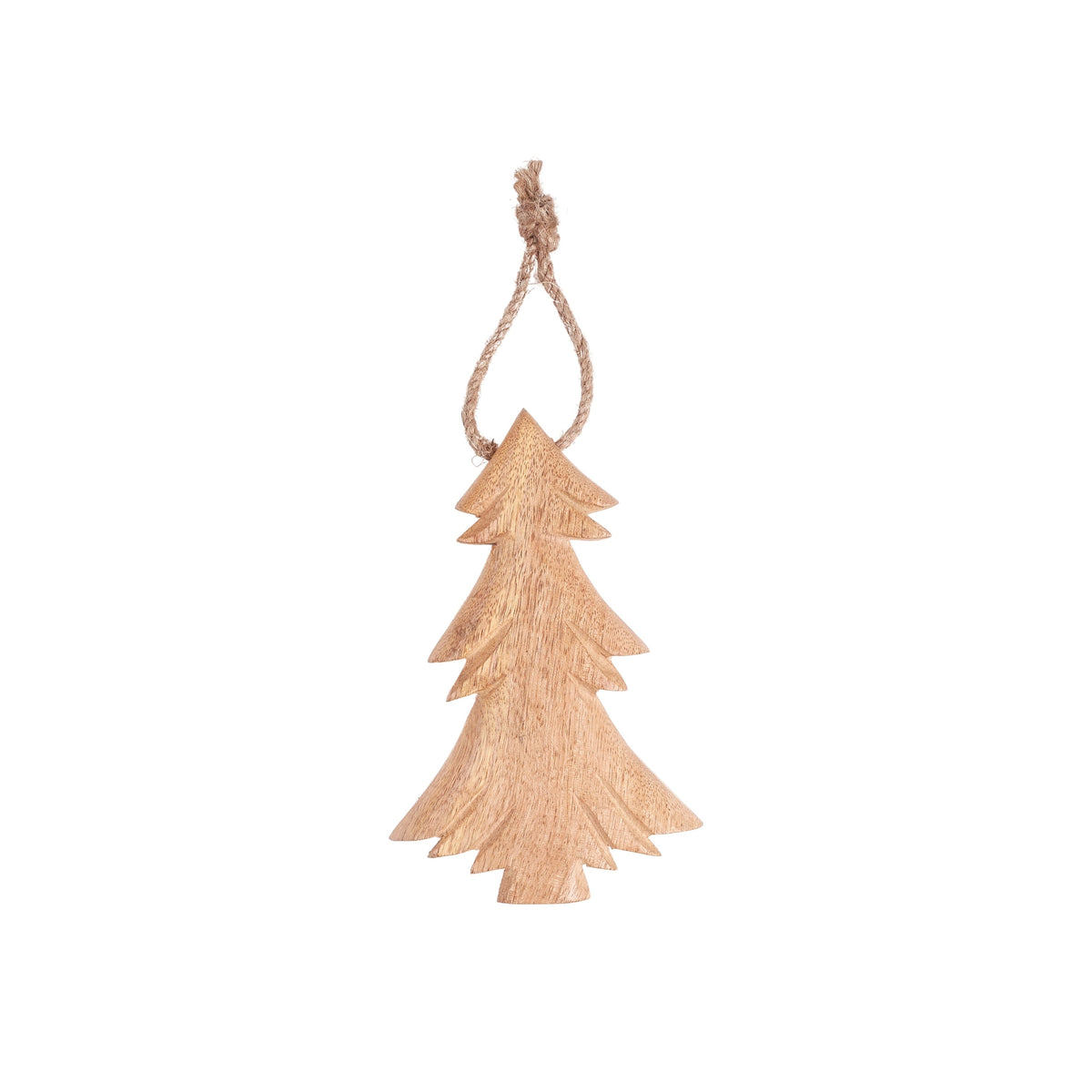 Norma Wooden Tree Ornament, A flat natural wood Christmas tree cutout ornament with a jute hanging loop, shown straight on against a plain white background.
