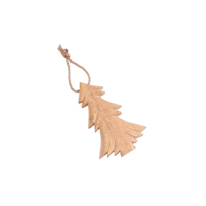 Norma Wooden Tree Ornament, A flat natural wood Christmas tree cutout ornament with a jute hanging loop, shown straight on against a plain white background.