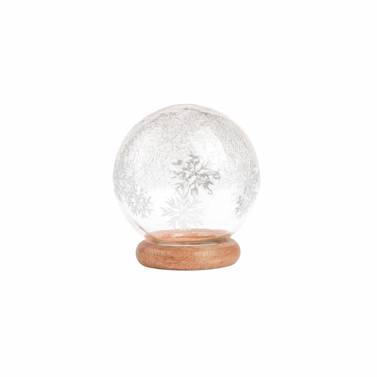 Adonis Snow Globe, A clear, crackled glass snow globe patterned with white snowflakes, set on a round natural wood base.