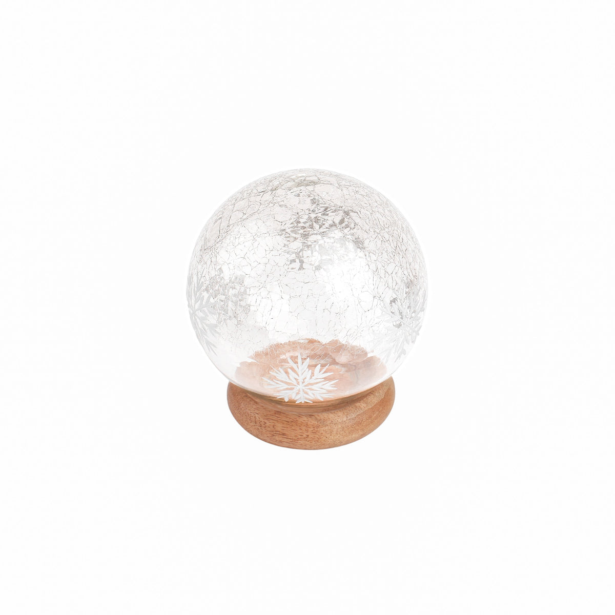 Adonis Snow Globe, A clear, crackled glass snow globe patterned with white snowflakes, set on a round natural wood base.