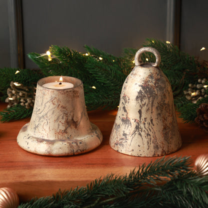Russet Glass Bell Candle Holder, A copper gold glass bell shaped candle holder with a mottled metallic finish and a ring on top, shown separated into its bell top and matching base.