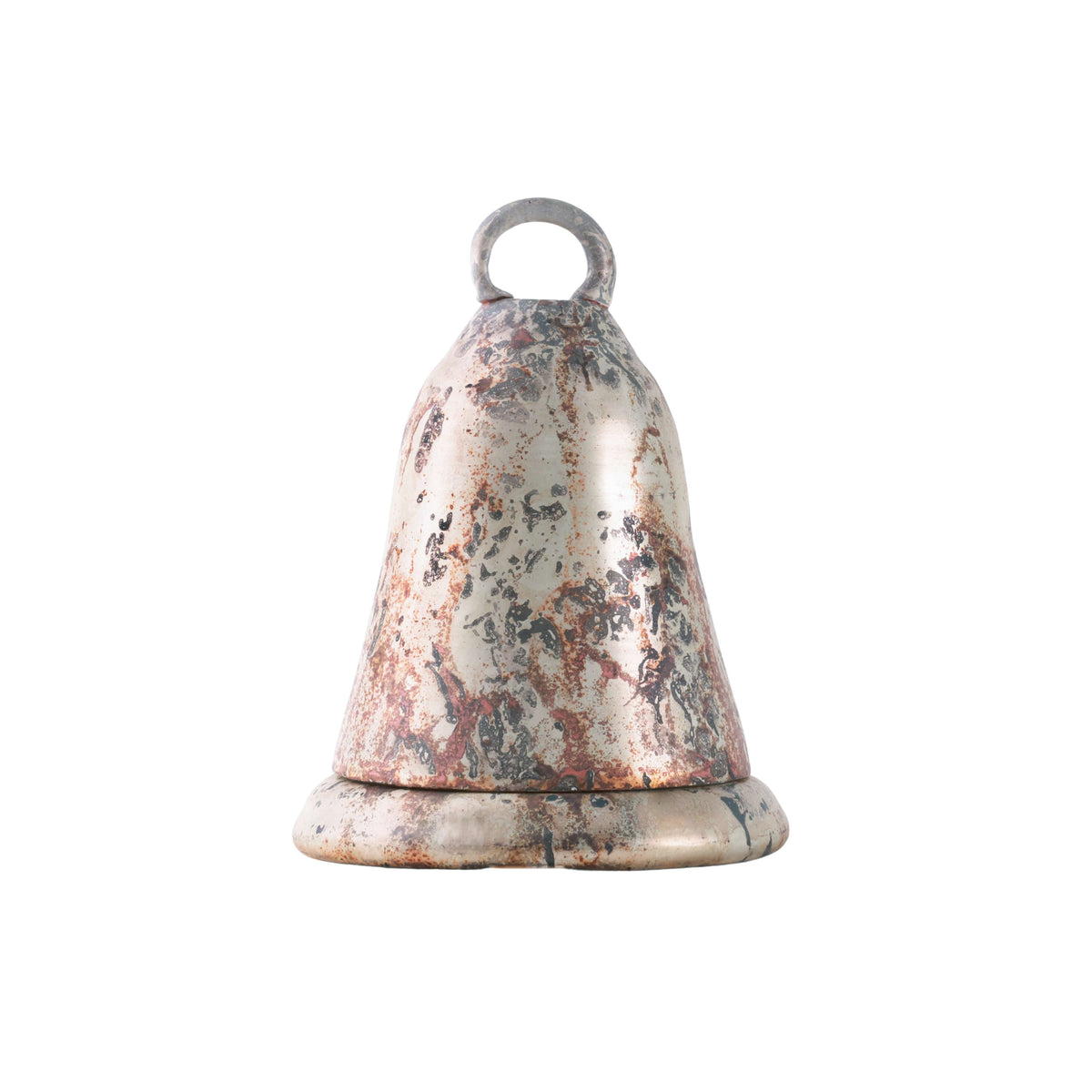Russet Glass Bell Candle Holder, A copper gold glass bell shaped candle holder with a mottled metallic finish and a ring on top, shown separated into its bell top and matching base.