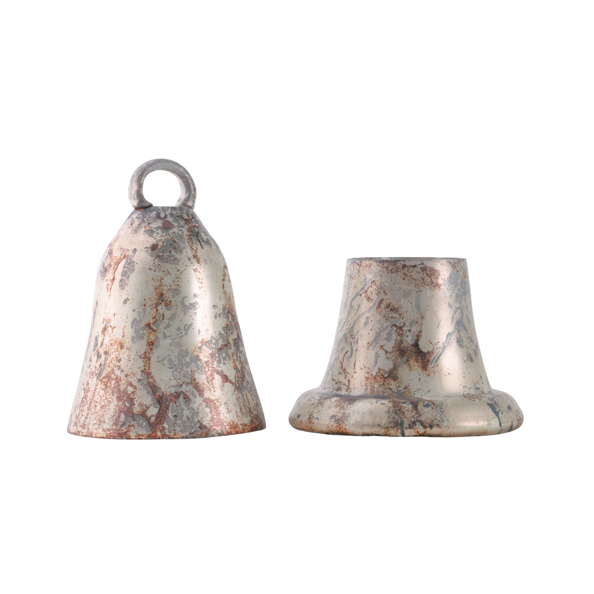 Russet Glass Bell Candle Holder, A copper gold glass bell shaped candle holder with a mottled metallic finish and a ring on top, shown separated into its bell top and matching base.