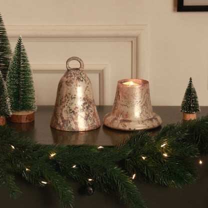 Russet Glass Bell Candle Holder, A copper gold glass bell shaped candle holder with a mottled metallic finish and a ring on top, shown separated into its bell top and matching base.