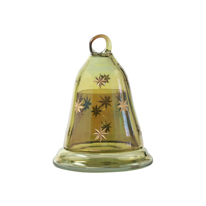 Tinsel Glass Bell Candle Holder, A green iridescent glass bell shaped candle holder with small gold stars and a ring on top, shown whole on its matching glass base.