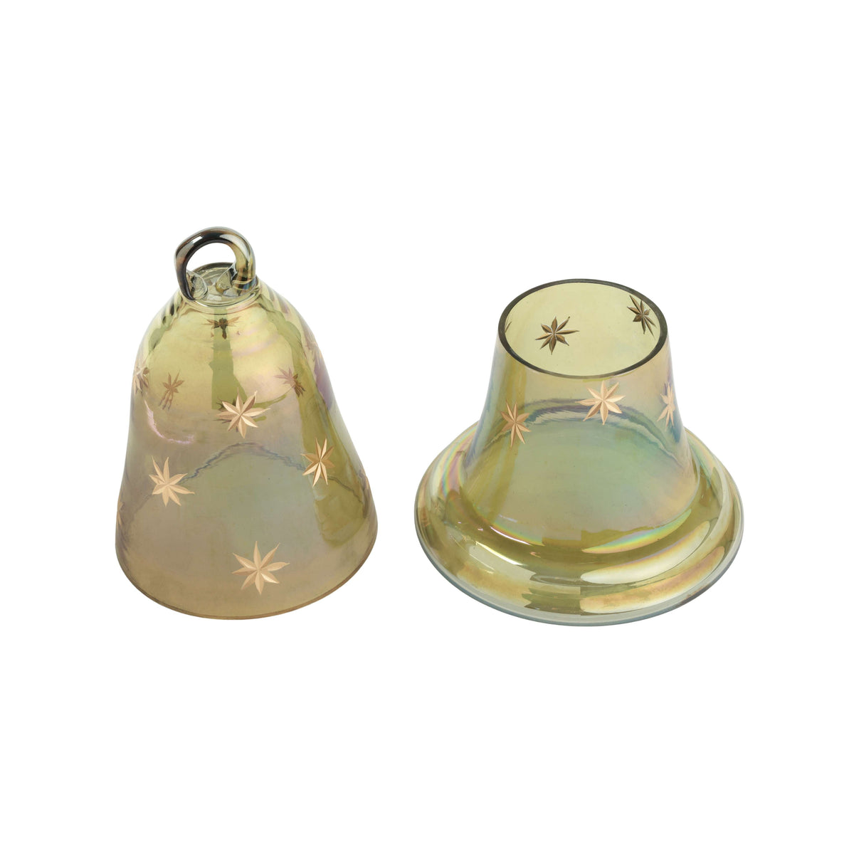 Tinsel Glass Bell Candle Holder, A green iridescent glass bell shaped candle holder with small gold stars and a ring on top, shown whole on its matching glass base.