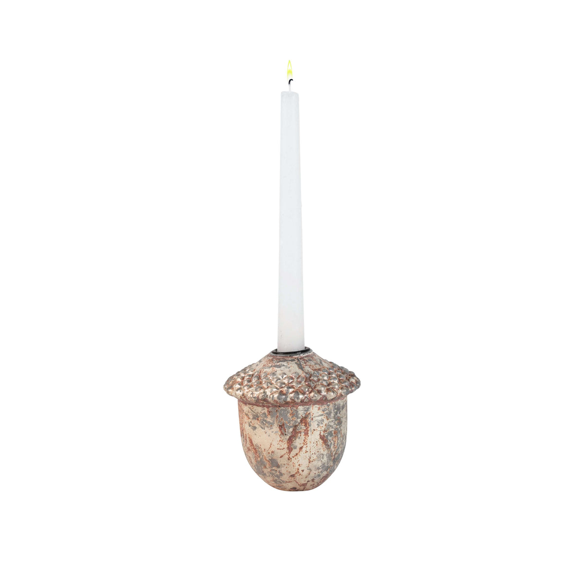 Juno Russet Glass Acorn Candle Holder, An acorn shaped glass candle holder in a copper gold finish with a textured beaded cap and a taper opening on top, shown alone.