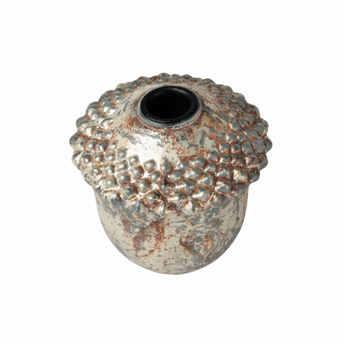 Juno Russet Glass Acorn Candle Holder, An acorn shaped glass candle holder in a copper gold finish with a textured beaded cap and a taper opening on top, shown alone.