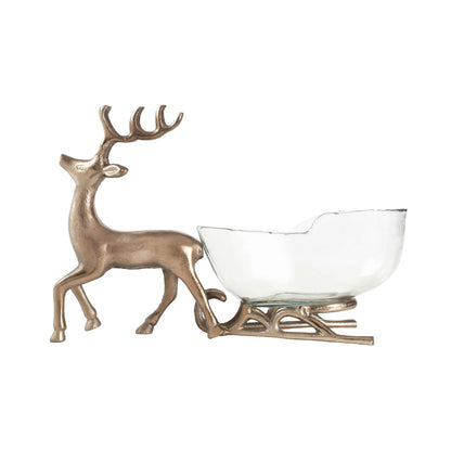 Nordelle Reindeer Sleigh, A champagne gold metal reindeer pulling a clear glass sleigh-shaped dish on champagne gold metal runners.