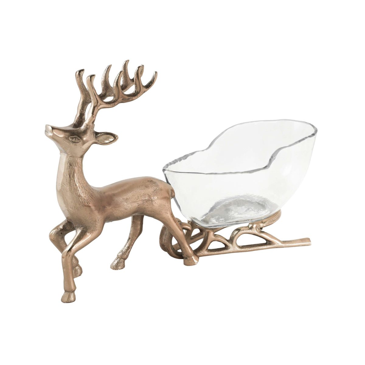 Nordelle Reindeer Sleigh, A champagne gold metal reindeer pulling a clear glass sleigh-shaped dish on champagne gold metal runners.