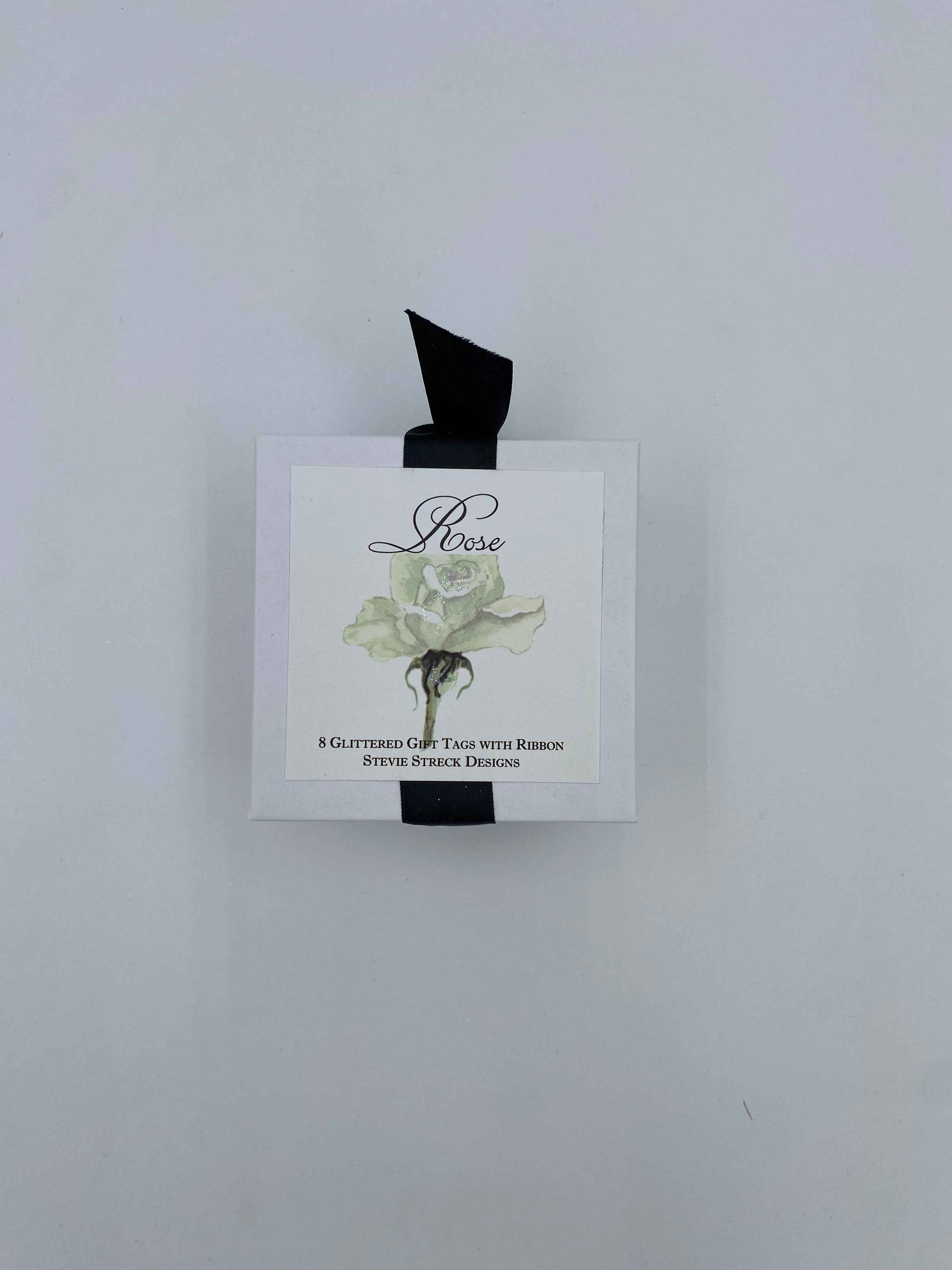 8 Gift Tags in a Box Tied with Black Ribbon