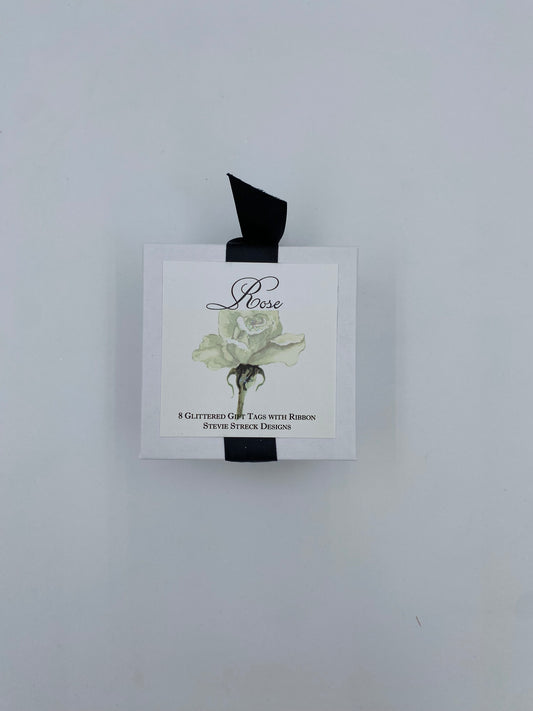 8 Gift Tags in a Box Tied with Black Ribbon