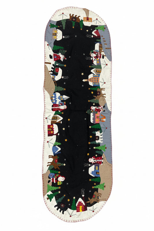 Table runner black background with Santa and holiday creatures XXL