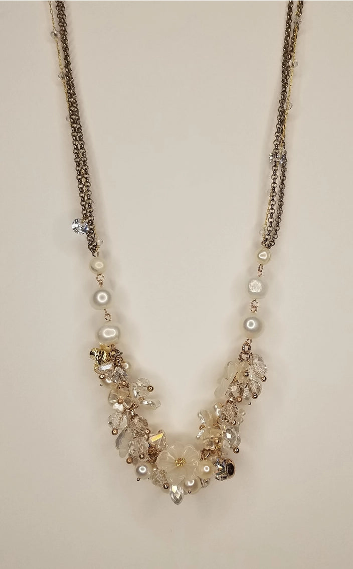 Handmade Floral Delicately Crafted Pearl and Crystal Necklace