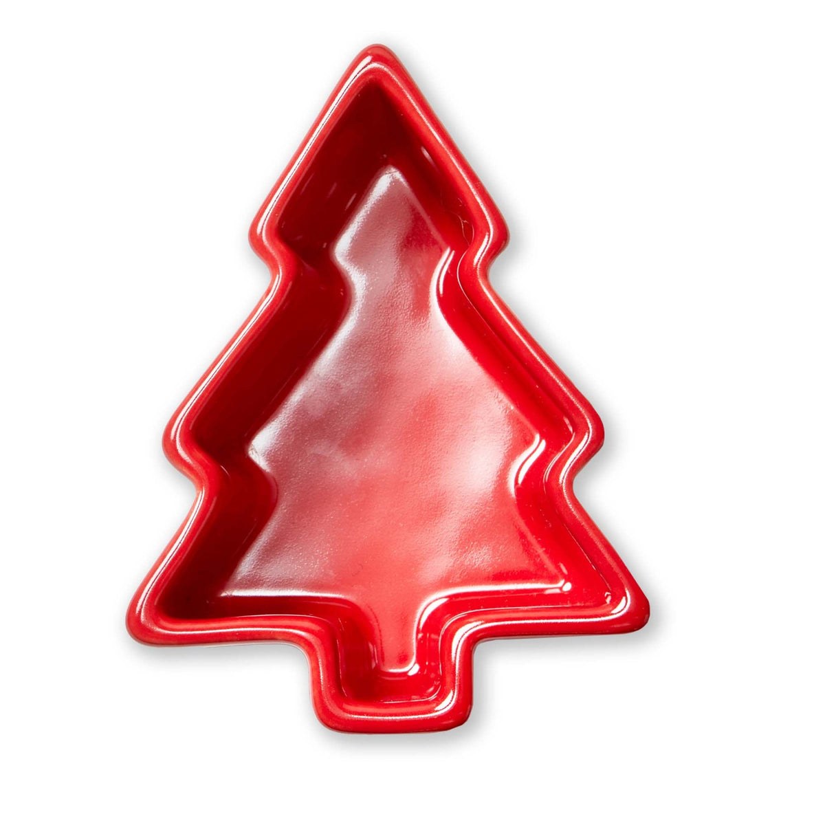 Small Christmas Tree Ramekin, Photo shows a small red ceramic dish shaped like a Christmas tree with a glossy glaze.