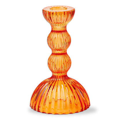 Orange Ella Taper Holder, A single orange ribbed glass taper candle holder with a flared top and wide base, shown empty on a white background.
