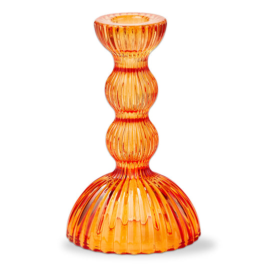 Orange Ella Taper Holder, A single orange ribbed glass taper candle holder with a flared top and wide base, shown empty on a white background.