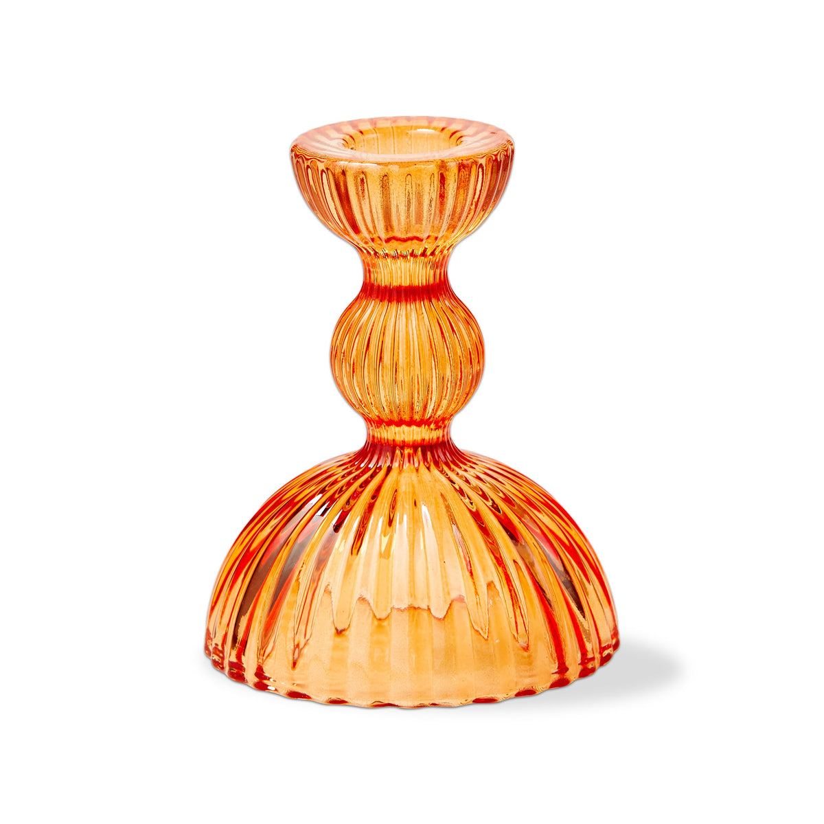 Orange Ella Taper Holder, A single orange ribbed glass taper candle holder with a flared top and wide base, shown empty on a white background.