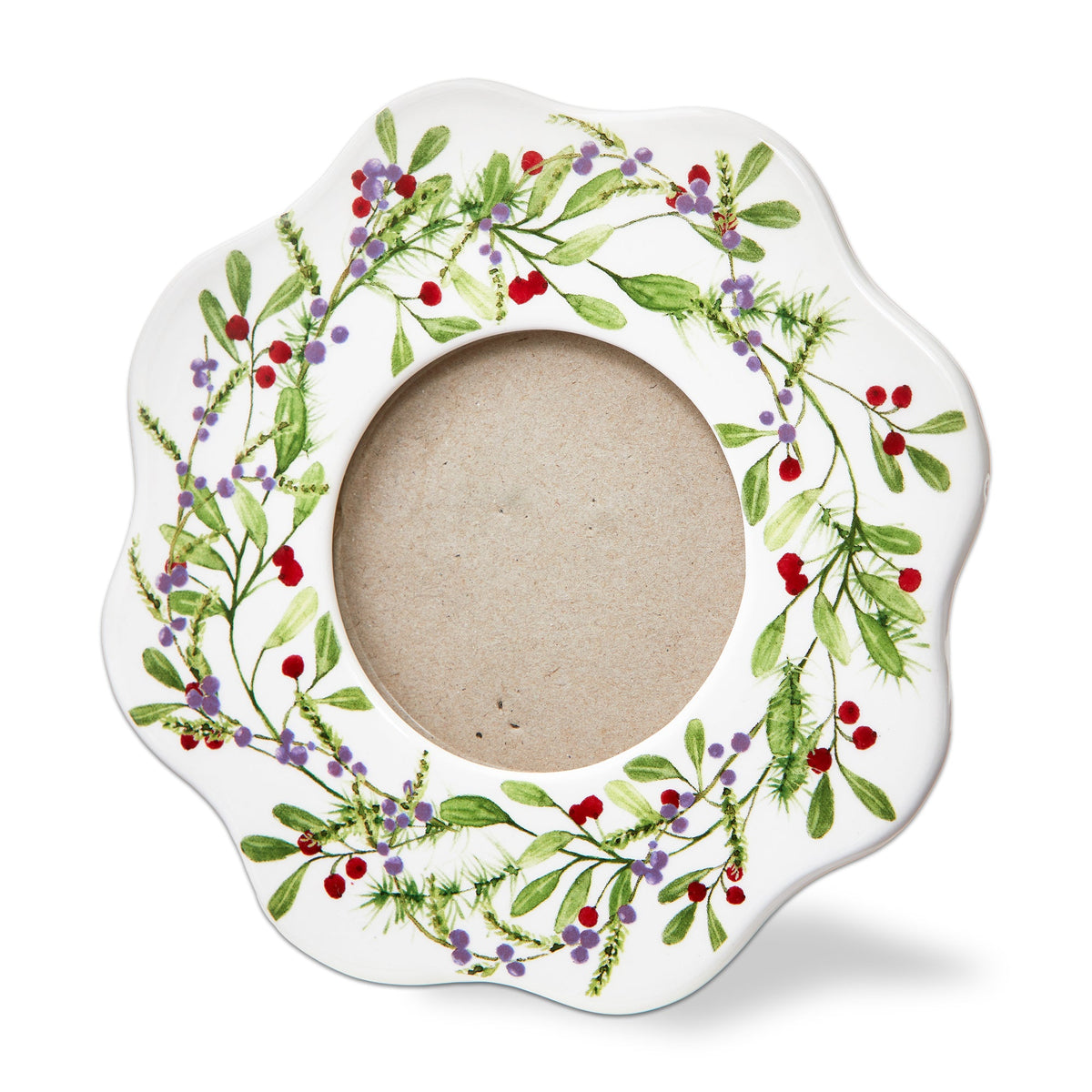 Winter Berries Wreath Photo Frame, A round white earthenware picture frame with a scalloped edge, decorated with sculpted red, purple, and green berries and greenery around an empty 3 by 3 inch photo opening.