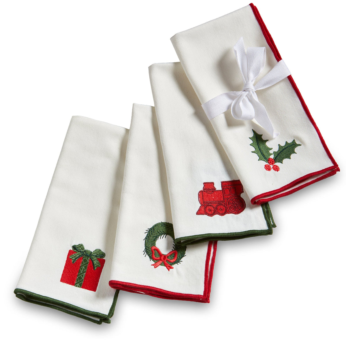 Christmastime Embroidered Napkin Set of Four, Photo shows four white napkins folded together, each embroidered with a different Christmas icon and trimmed in red or green satin.