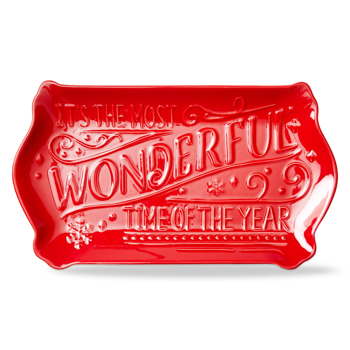 It's the Most Wonderful Time of the Year Platter, Red rectangular platter with scalloped ends and raised lettering reading It's the Most Wonderful Time of the Year, with scrolls and snowflakes.