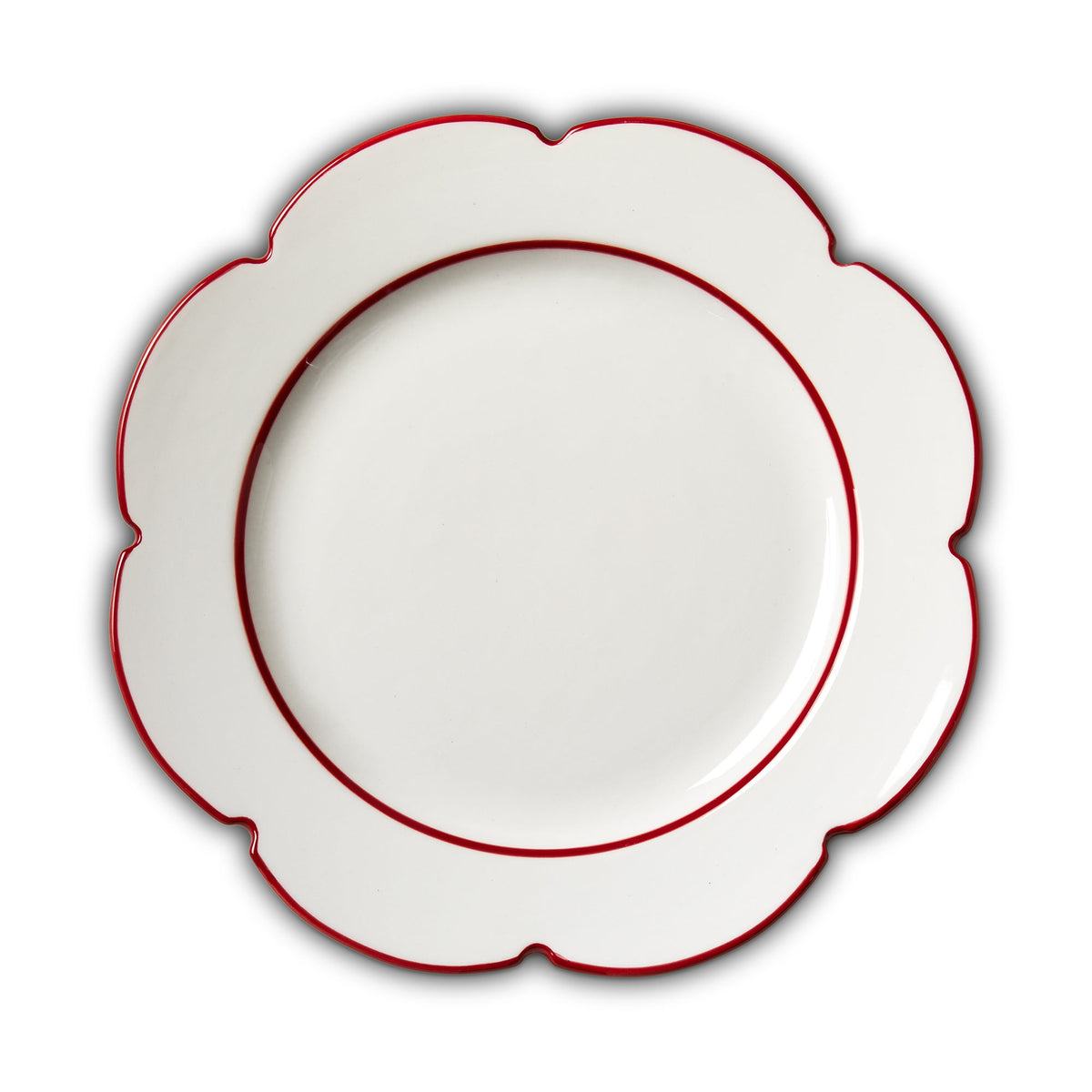 Scalloped Red Trim Dinner Plate, White round dinner plate with a scalloped edge outlined in red and a thin red ring around the center.