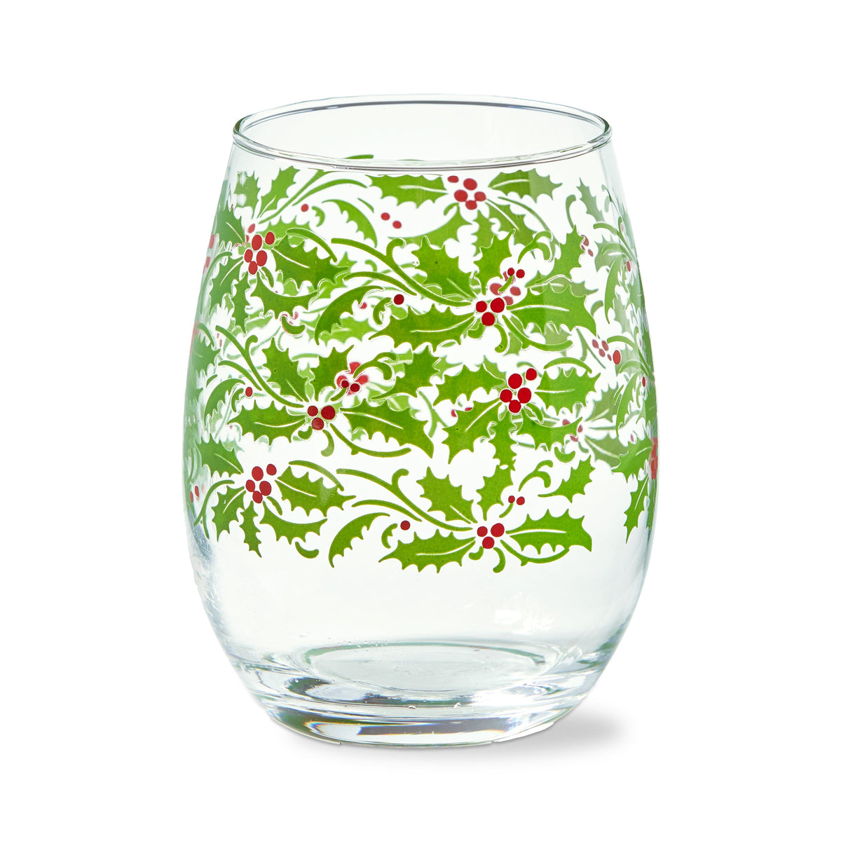 Christmastime Stemless Wine Glass, Photo shows a clear stemless wine glass with a holly leaf and red berry pattern printed around the bowl.