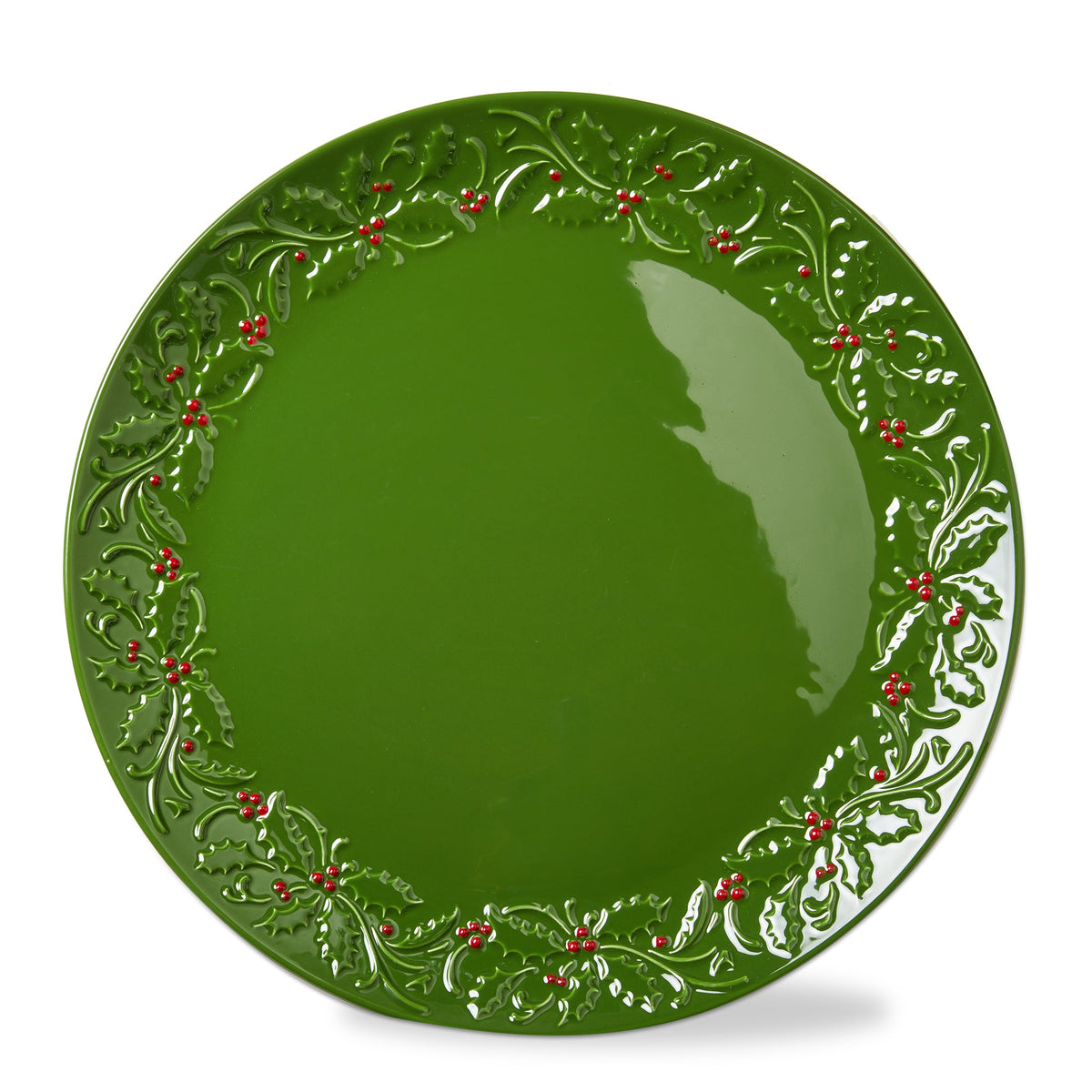 Christmastime Round Platter, A round platter glazed in deep green with a raised holly leaf and red berry border around the rim.