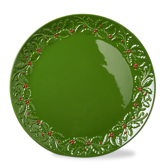 Christmastime Round Platter, A round platter glazed in deep green with a raised holly leaf and red berry border around the rim.