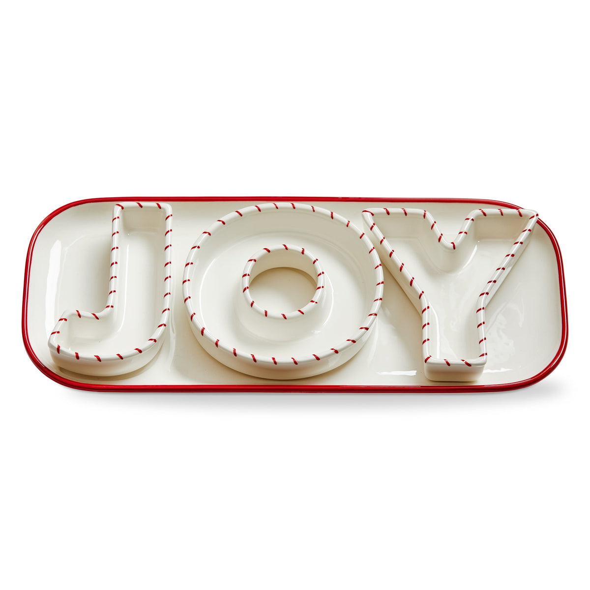 Joy Platter and Dish Set of 4, A rectangular white platter with a red rim holding three white letter dishes that spell JOY, each trimmed in red stitch marks.