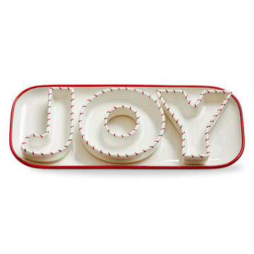 Joy Platter and Dish Set of 4, A rectangular white platter with a red rim holding three white letter dishes that spell JOY, each trimmed in red stitch marks.