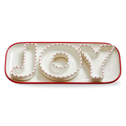 Joy Platter and Dish Set of 4, A rectangular white platter with a red rim holding three white letter dishes that spell JOY, each trimmed in red stitch marks.