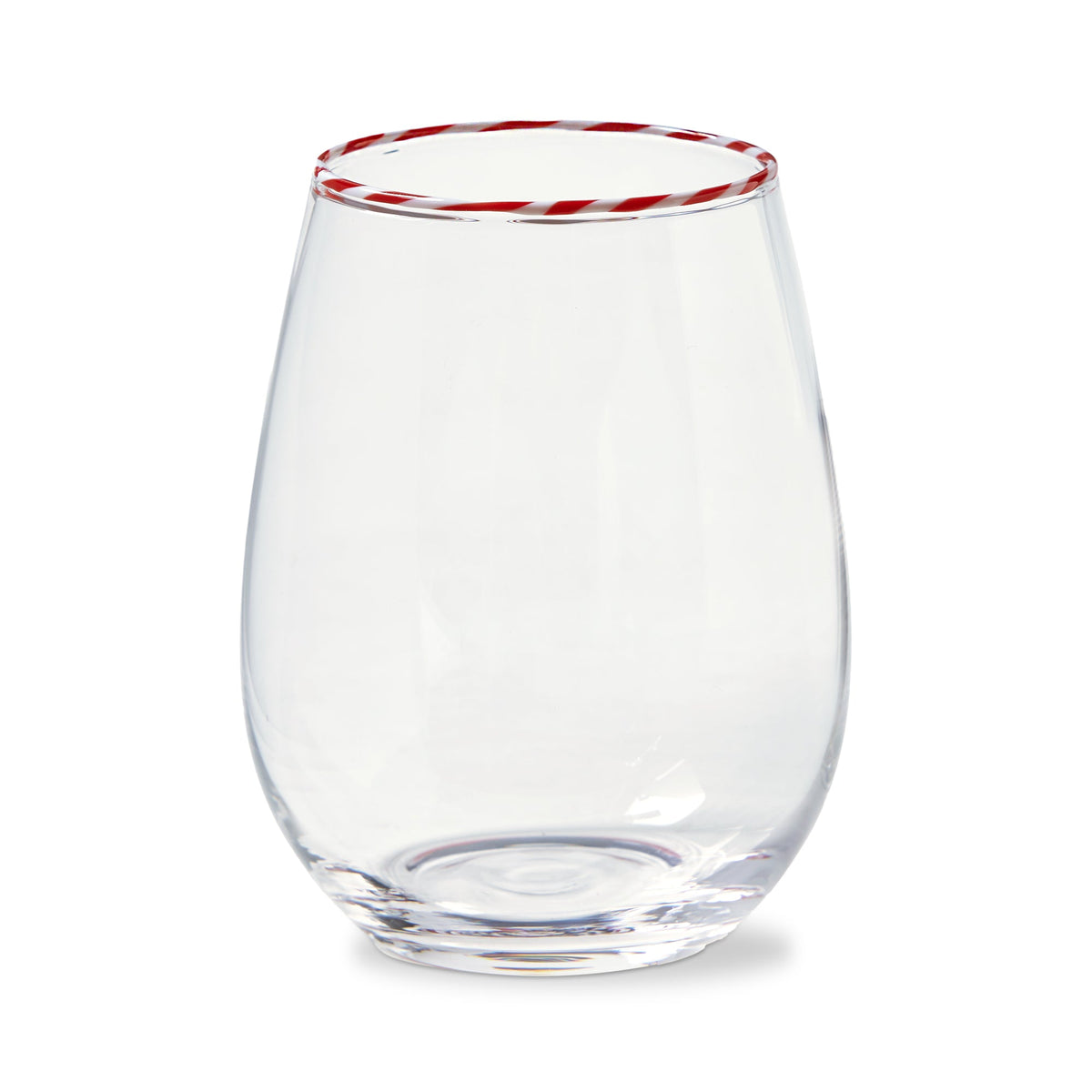 Peppermint Stripe Stemless Wine Glass, Photo shows a clear stemless wine glass with a red and white candy cane stripe painted around the rim.