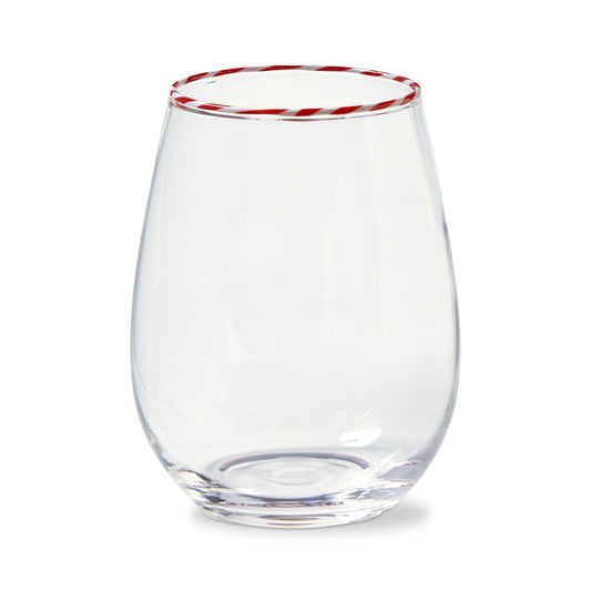 Peppermint Stripe Stemless Wine Glass, Photo shows a clear stemless wine glass with a red and white candy cane stripe painted around the rim.