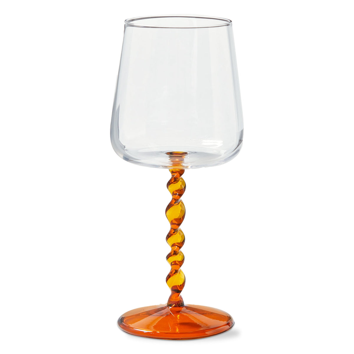 Twist All Purpose Wine Glass, Photo shows an all purpose wine glass with a clear bowl, an amber twisted stem, and a matching amber round base.