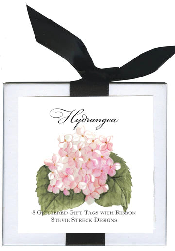 Pink Hydrangea 8 Glittered Gift Tags w/ribbon