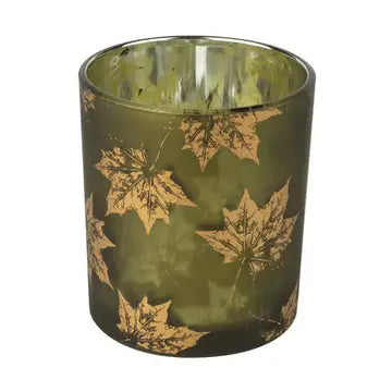 Glass Votive Holder-Matte Green with Gold Leaves