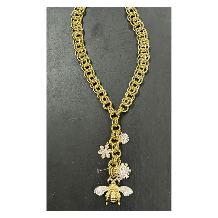 17" Gold Plated Chain Necklace with Pave' Pendants-Bee and 3 Flowers
