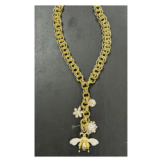 17" Gold Plated Chain Necklace with Pave' Pendants-Bee and 3 Flowers