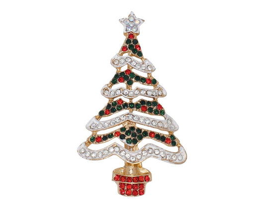 Gold Colored Snowy Tree with Crystals Pin