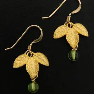 Gold Exotic Matte Leaf w-Peridot Earrings